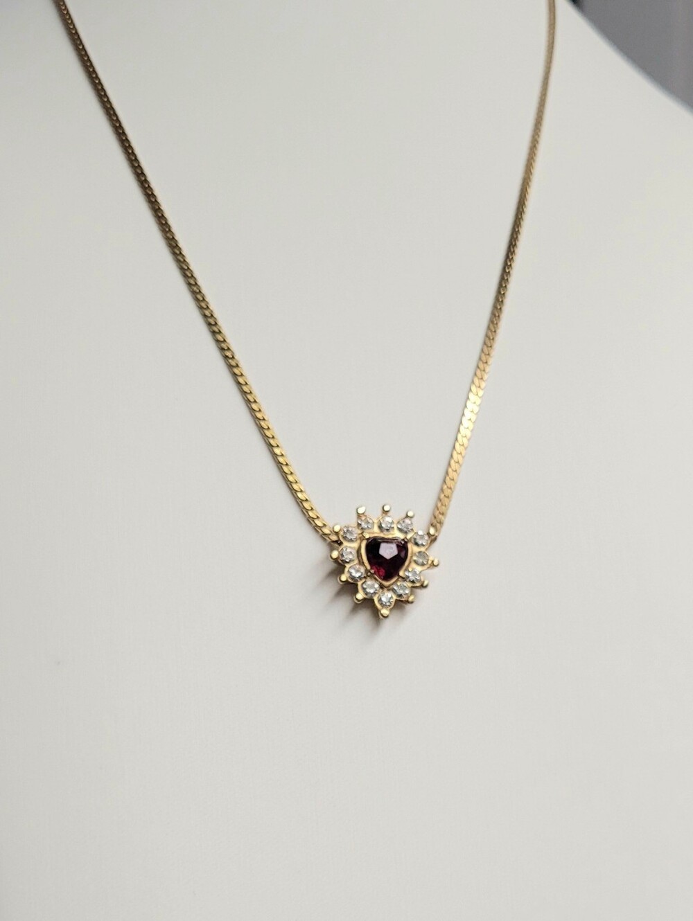 Gold Heart Pendant Necklace with Red Stone and Clear Accents